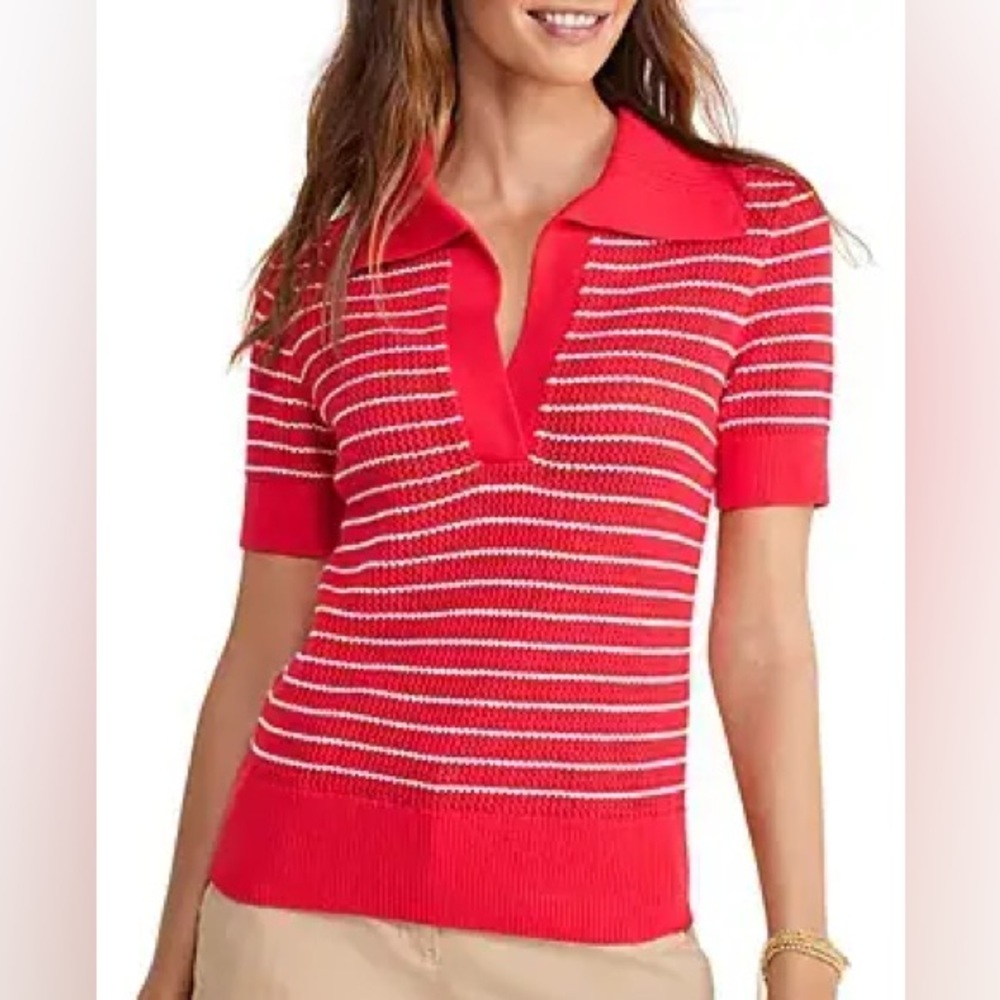 Vineyard Vines Stripe Crochet Polo SS Sweater, Lighthouse Red, Medium, Like New
